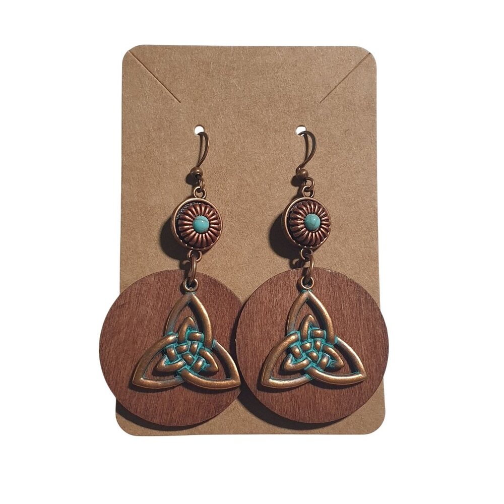 Celtic Knot Wood Bronze Drop Earrings Patina Accents Handmade Boho Style Jewelry